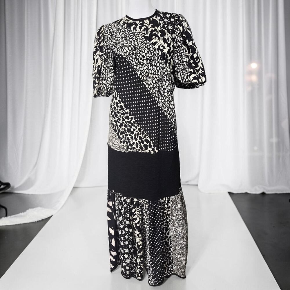 Lorrie Kabala 80s Black & Ivory Patchwork Maxi Dress Puff Sleeve Vintage Size 10